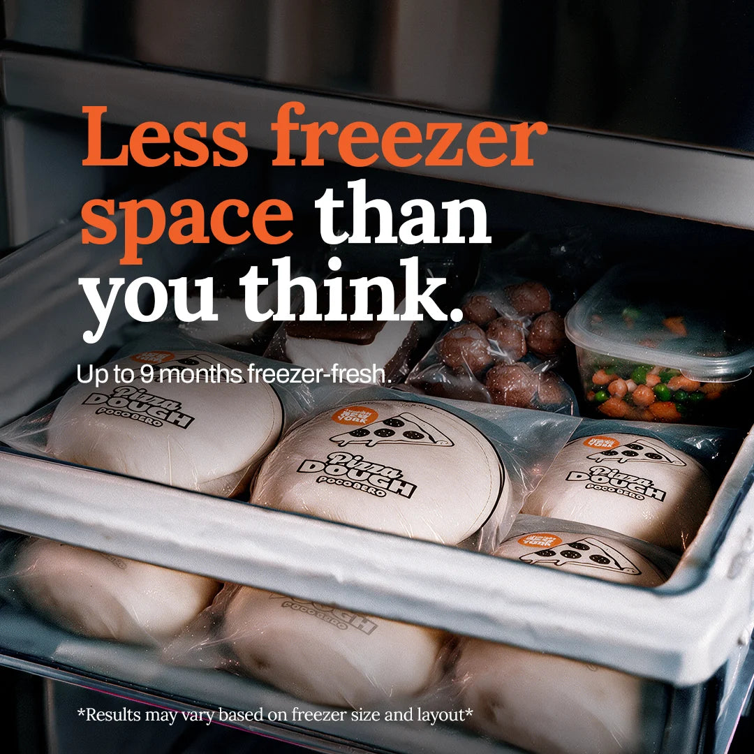 Individually wrapped Poco Bero dough stored in a freezer drawer