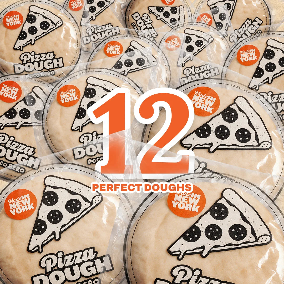 Twelve individually wrapped Poco Bero New York-style pizza dough balls
